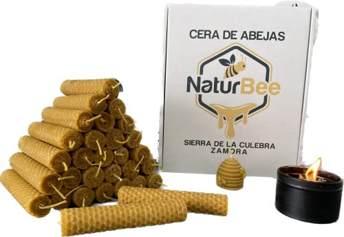 Velas de Miel de Abeja.Natural 100% Velas de Cera de Abeja. Pura (Pack de 30 Velas,11,5 cm x 1 cm) SIN PARAFINA 100% artesanal,Origen ESPAÑA en la Sierra de La Culebra y Sanabria (Zamora)