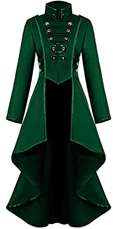 jakloz Veste frack vintage pour femme - Ourlet irrégulier - Vêtement gothique - Jupe de marche victorienne - Manteau long - Renaissance médiévale - Cosplay - Uniforme d'Halloween - Pour femme (vert