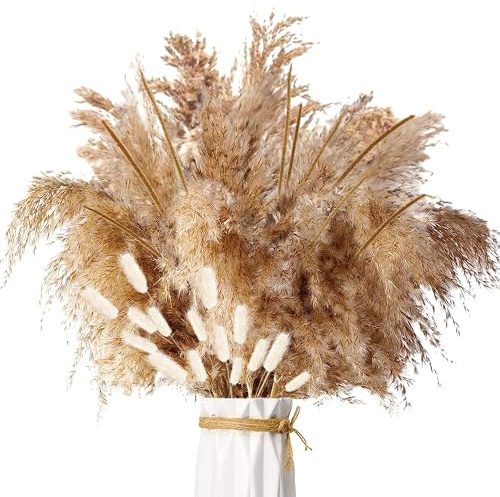 ZJTAPE Torkat Pampasgräs - 45 stycken Naturliga Torkade Blommor, Brunt Pampas Fluffiga Blad, Vassblomma Bukett Torkade Blommor, för Blomsterarrangemang Heminredning | Boho dekoration 45 stycken pampasgräs fluffig filt, torr bukett Dried Flowers för sovrum höst dekoration hem inredning