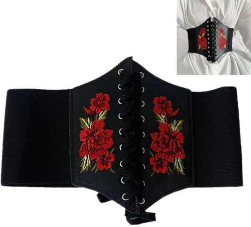 KOAHDE Ceinture Corset Vintage en Cuir Élastique à Lacets, Large Bande à Fleurs avec Garniture Taille Réglable
