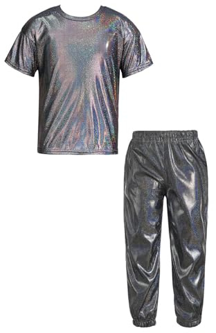 inhzoy Completo Sportivo Bambino Ragazzo Lucido Maglietta Sportiva Danza Moderna Manica Corta T-Shirt Maglia Lucida e Pantaloni Sportivi Tuta da GInnastica Ballo di Strada Nero 13-14 anni