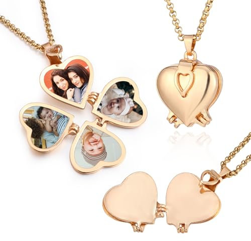 MeMeDIY Personalisierte Herz Medaillon-Halskette für Damen - Hält 4 Fotos, Gold Plattiert, Vintage Schmuck - Geschenk für Tochter/Mütter -B2