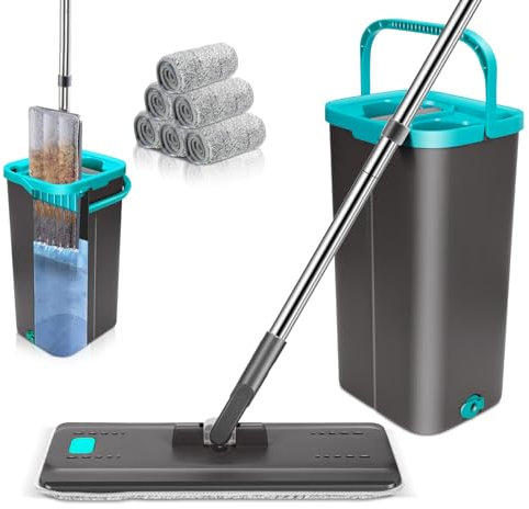 Myiosus Set Mocio Lavapavimenti e Secchio, Secchio Mocio con Strizzatore, Mocio per Pavimenti con Manico Lungo 140 cm e 6 Cuscinetti in Microfibra per Pavimenti inLaminato, Piastrelle, Legno Duro