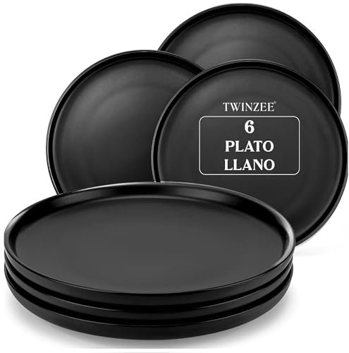 Twinzee Steinzeug Geschirrset Schwarz - Set von 6 Große Teller - Mikrowellen- und Spülmaschinenfest - Geschirr und Tischkunst Elegant