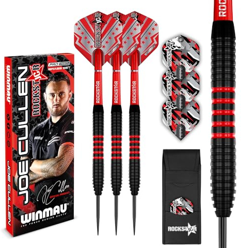 WINMAU Darts Joe Cullen Rockstar 20g Mässing Dartset med dartflyg och dartskaft (stammar) inklusive resultatkort