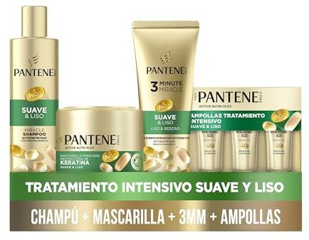 Pantene Pro-V Suave Y Liso Champú 250ML Mascarilla Protectora De Keratina 300ML, Acondicionador 3MM 220ML, Ampolla 3X15ML