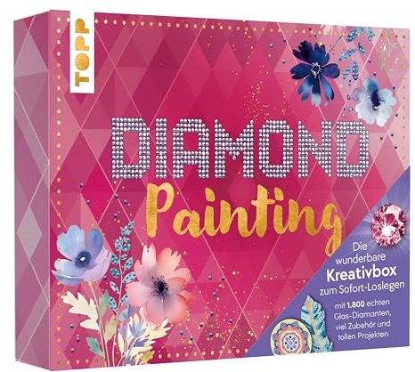 Die wunderbare Kreativbox Diamond Painting: Anleitungsbuch (32 S.), Werkzeug, 1800 Diamanten aus Glas in 12 Farben und verschiedene Materialien zum Bekleben