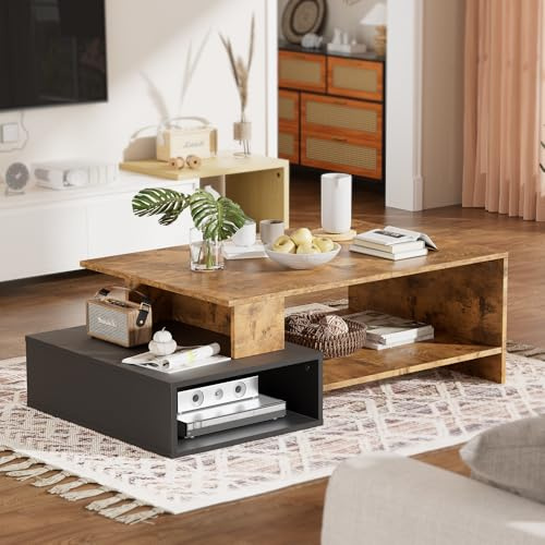 MSFE Tavolino basso da salotto Tavolino da caffè Rettangolare Tavolino da Divano Moderno Materiale in Legno Design alla moda con mensola per l'ufficio del soggiorno 105x35x60CM (Marrone+Nero)