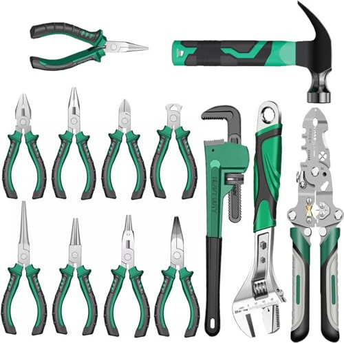 XRMXF Set di 13 pinze, naso lungo, pinza per aghi, pinza piegata, tagliafili e tagliafili laterali, pinza spellafili, pinza per pompa dell'acqua, martello da artiglio, chiave a rullo, pinza