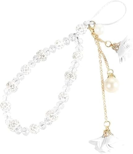 White Mobile Phone Strap Bling Lanyard Bracelet Hand Strap Hanging Cord Flower Pendant Short Cord Wrist Straps Cell Phone Charms Accessories for Phone Case