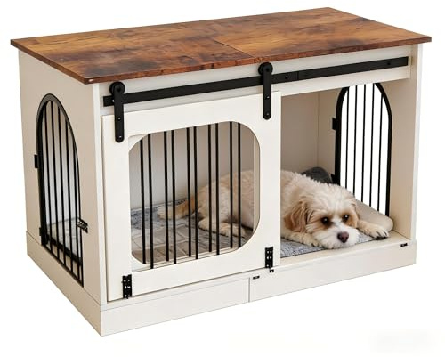 Furniture Style Dog Crate, 100CM Large Dog Kennel with 3 Access Doors, Heavy Duty Dog Cage End Table with Chew-Proof Iron Bars, Indoor Dog House for Medium/Large Dogs, White