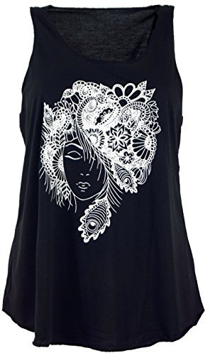 GURU SHOP Retro Art Tanktop mit Ethnodruck - Elfe Schwarz, Damen, Synthetisch