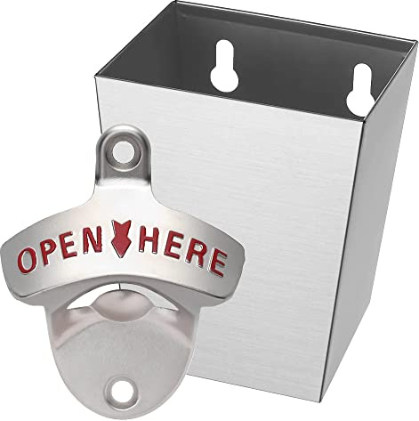 Jumiok Stainless Bottle Top Opener Wall Mounted Beer Opener with Cap Catcher Drained Narrow (Brushed Silver)