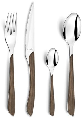 Amefa ECLAT bestickset NATURE mörkt trä matbestick 24 delar för 6 personer rostfritt stål plasthandtag i träutseende diskmaskinssäkert bestickset 6 personer