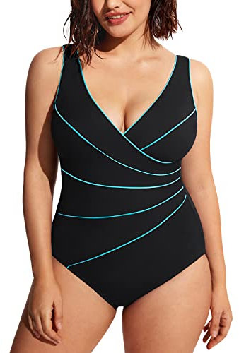 DELIMIRA Damen Badeanzug Bauchweg Große Größen V Ausschnitt Gepolsterte Einteiler Bademode Mehrfarbig #3 46