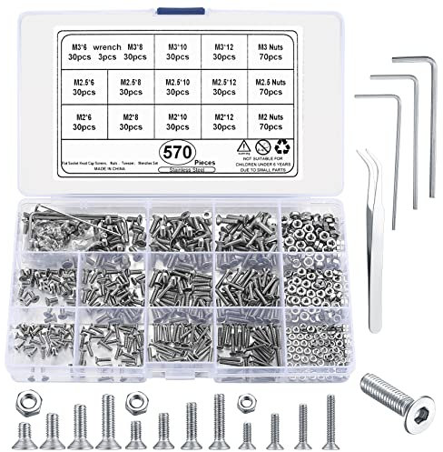 wugongshan 570 Stk Sechskantschrauben mit Muttern Set, Senkkopfschrauben mit Innensechskant Muttern, Edelstahl Flachkopf Gewindeschrauben Maschinenschrauben für Haus Garagen Möbel, M2 M2.5 M3 (570)