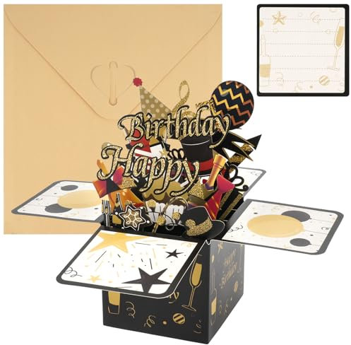 Geburtstagskarte Pop Up, 3D Pop Up Karte Geburtstag Schwarzes Gold Happy Birthday Karte mit Umschlag Und Karten, Geburtstagskarte Frau Karte für Familie, Freunde und Kollegen, Karte Geburtstag