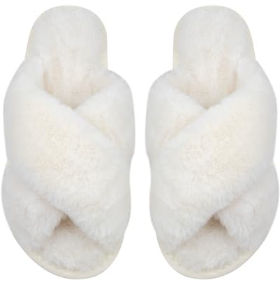 AUFIKR Fluffy Womens House Slippers Cross Band Open Toe,Soft Plush Fleece Bedroom Slippers Non-Slip Womens Slippers Indoor