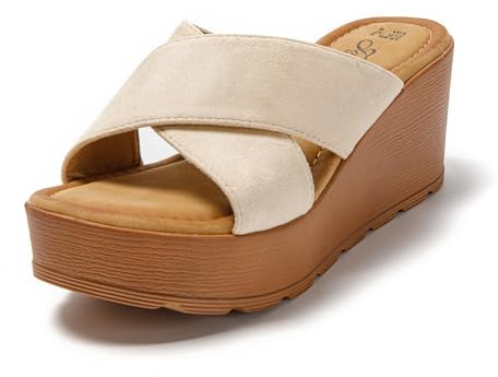 JOMIX Sandales Femme été Talon Sandales Femme d'été Tongs Femme Compensé avec Bande Croisée pour Maison Piscine Plage Mer (Beige, 40)