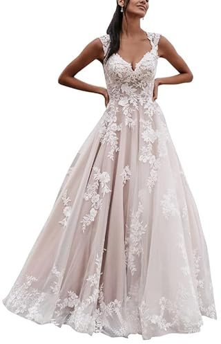 SEVENYXX Femmes Robes de Mariée Longue a - Word Civil Wedding Dress Princesse Dentelle Robe de Mode Nuptiale, Blanc, 48