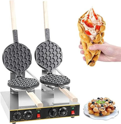 DFANCE Gofrera Máquina de Gofre,Gofrera Máquina Burbujas de Acero Inoxidable,Sarten Gofres Girario 180° Máquina de Gofres de Forma Huevo con Mango de Madera(Size:Cabeza Doble)