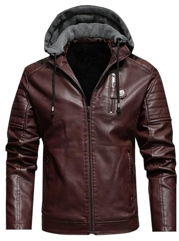 Mens Leather Jackets Motorcycle Motorbike Biker Winter Jacket Sherpa Fleece Lined Long Sleeve Casual Hooded Vintage Jacket PU Faux Leather Coat Leather Bomber Jacket Men Warm Outwear Full Zip,Pockets