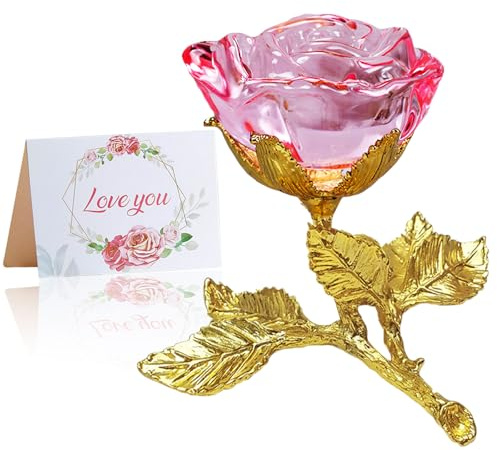Willuck Rosa di Cristallo Fiore,Statuetta a Forma di Rosa in Vetro con Foglie Stelo Dorato,Vetro Rose Artificiale Cristallo,Regalo di Natale,San Valentino,Festa Della mamma