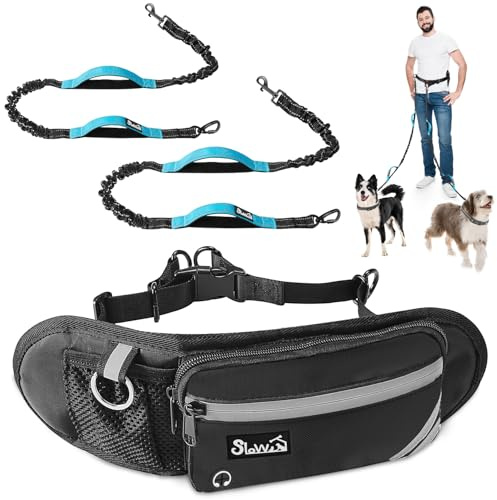 SlowTon Hands Free Dog Lead, Shock Absorbing Bungee Leash with Adjustable Waist Pouch, Dual Handle and Reflective Stitches Wide Padded for Training and Running Jogging Hiking with Medium Large Dogs