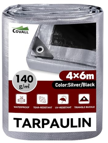 Covall Lona Impermeable de Alta Resistencia para Exteriores 140g/m² Plata/Negro Cubierta de Suelo Multiusos Techo Piscina Camión RV Camping Construcción Jardín Cobertizo para Mascotas.(4x6m)