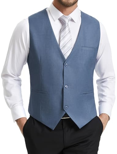 HISDERN Chaleco Vestir Hombre Azul Elegante Formal Clásico Color Liso Ajustable Chalecos de Traje Hombre con 3 Botones Bolsillo para Boda Ceremonias Fiesta Negocio Eventos Regular Fit 4XL