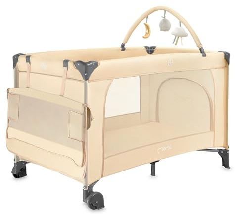 Momi Kinder- und Baby-Reisebett-Set BELOVE Plus 2-in-1, faltbar, 2 Schlafebenen für Babys bis 9 kg und Kinder bis 15 kg mit Kindermatratze, Spielbügel, Wickelauflage und Tragetasche