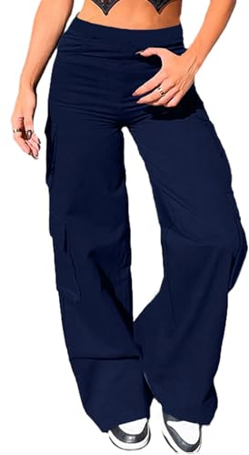 Nuofengkudu Cargo Pantaloni Larghi Donna Elasticizzati Elastico Vita Alta con Tasche Bootcut Palazzo Lunga Lavoro Pantalone Zampa Comodi Sportiva Casual Classici Pants Blu Navy 2XL