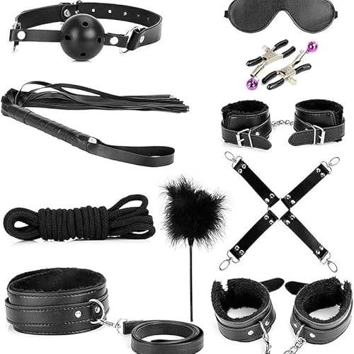 Sex Bondaged 10 Piece Adjustable Black Leather Combination Kit With Adjustable Leather Handcuffs And Sex Feather Stick - D25