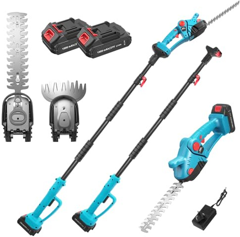 Hedge Trimmer Long Reach, 2.5M Telescopic Hedge Trimmer, Long Reach Hedge Cutter with Two 1.5Ah Batteries, Two Hours of Use, Dual Action Blades, 90º Adjustable Trimmer for Pruning Hedges, Bushes, Tree