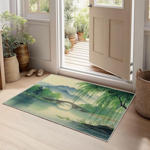 Tappeto Montagne Salici Piangenti Ponte Pietra Moderno Stampa Pittura Inchiostro Tappeto A Pelo Corto, Antiscivolo Facile Manutenzione Tappeti Camera Soggiorno Salotto Corridoio Ufficio 160 x 230 cm