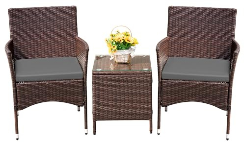 Devoko Patio Porch Furniture Sets 3 Pieces PE Rattan Wicker Chairs with Table Outdoor Garden Furniture Sets (Brown/Grey)