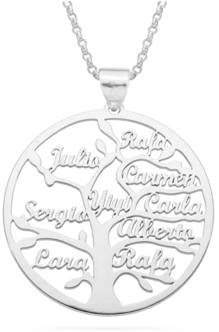 doble aro - Collar Árbol de la Vida para Mujer Plata de Ley - Colgante Regalo para Madres y Abuelas con Nombres de su Familia - Cadena de 45 cm + Alargador (Hispalis hasta 9 nombres, Plata de Ley)