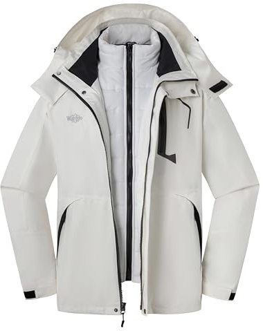 wantdo Men's 3-in-1 Winter Coat Waterproof Snow Jackets Warm Skiing Jacket with Hood White L