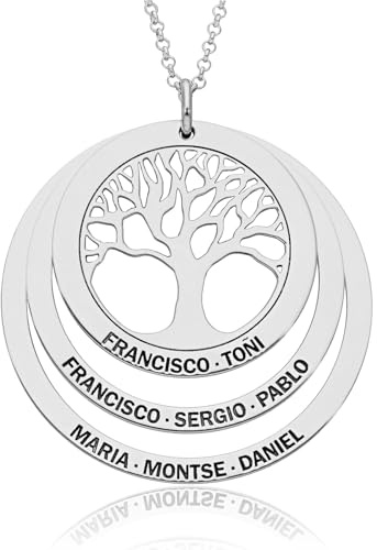 doble aro Collar Arbol de la Vida Personalizado para Mujer en Plata de Ley - con Cadena de 45 cm + Alargador - Regalo Original para Madres y Abuelas (Collar Arbol + 2 Aros Plata)