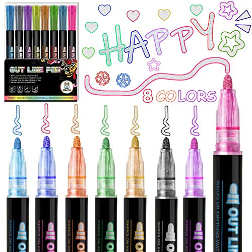 Outline Stift Set,8 Farben,Acrylstifte,Double Line Outline Pen,Glasmalstifte,Outline Marker Glitzerstifte,Doppelte Linie Stift,Linien Outline Marker,DIY Geschenkkarte Schreiben Zeichnen Sifte
