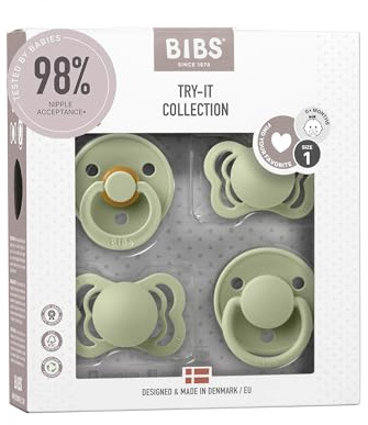 BIBS Try-it Dummies 4-Pack. BPA Free, Round, Symmetrical and Anatomical Nipple.| Made in Denmark | Sage | 0 to 6 Months