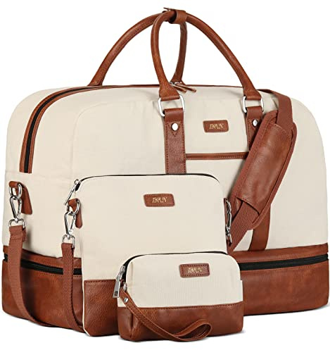 IBFUN Weekender Bag for Women, Large Overnight Bag Canvas Travel Duffel Bag Carry On Tote with Shoe Compartment 21 3Pcs Set