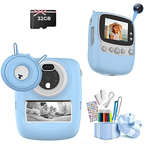 Kinderkamera, 30MP 1080P Sofortbildkamera Kinder Drucken Schwarzweiß Foto mit 2,4 Zoll Bildschirm, Digitalkamera Kinder mit 32GB TF-Karte, 6 Farben Pinselstift, Dual Kamera, Geschenk für Kinder, Blau