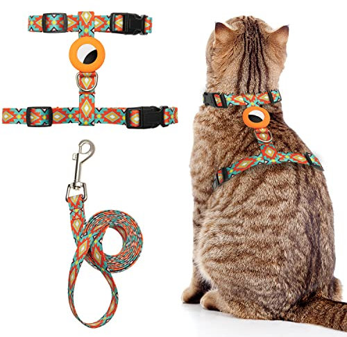 Katzengeschirr und Leine, ausbruchsicher, für Spaziergänge, Reisen, Outdoor, weiches Nylon, verstellbar, niedliches Katzengeschirr-Set mit Airtag-Halterung für kleine und große Katzen