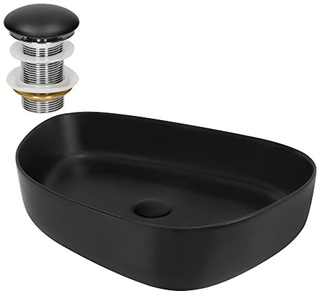 ML-Design Waschbecken aus Keramik Schwarz 55x42x14 cm Oval inkl. Ablaufgarnitur, Moderne Aufsatzwaschbecken, Design Waschtisch Aufsatz-Waschschale Waschplatz Handwaschbecken, für Badezimmer/Gäste-WC