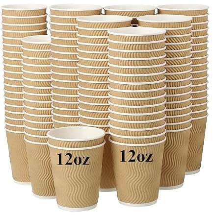A406 Kraft Disposable 12oz Coffee Cups Ripple 3 Ply Disposable Insulated Paper Cups for Tea Coffee Cappuccino Hot Drinks Cold Drinks (200)