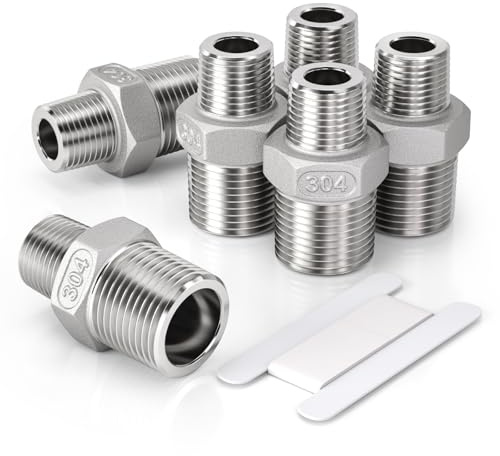 Bwintech 6 Pcs 1/4 Male to 3/8 Male BSP Thread Stainless Steels 304 Hex Nipple Reducing Connector for Pipe Connecting Conversion