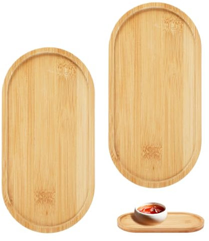 EXIN DEHCEN 2 Pièces Plateaux Ovales Plateau en Bambou, Petit Plateau Decoratif Assiette Bambou de Stockage Service Bois pour Nourriture, Tasses, Bijoux, Pots de Fleurs, Café, Biscuit (17.5 cm x 9 cm)