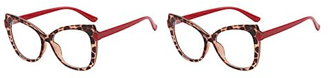Ailan 2 Set of Fashion Cat's Eye Eyeglasses Leopard Print Eyewear No Prescription Anti Blue Light Makeup-free Plain Glasses Red leg, Red leg 2Set