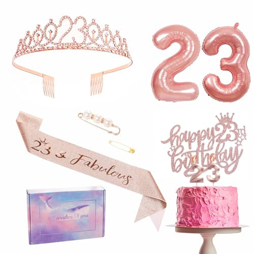 Decorazioni in oro rosa per il 23° compleanno, nastro per feste di compleanno, corona, torta di compleanno, numero 23, palloncini in pellicola, candele, regali per il 23° compleanno per te e donne